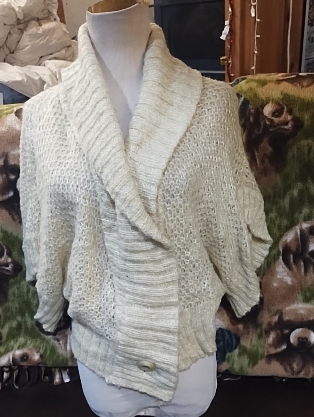 DKNY Cream Shawl-Collar Open-Front Chunky Knit Cardigan